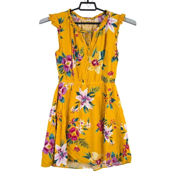 Womens Old Navy Yellow Floral Dress Cap Sleeves V Neck Tie 100% Rayon Size M - Picture 1 of 9